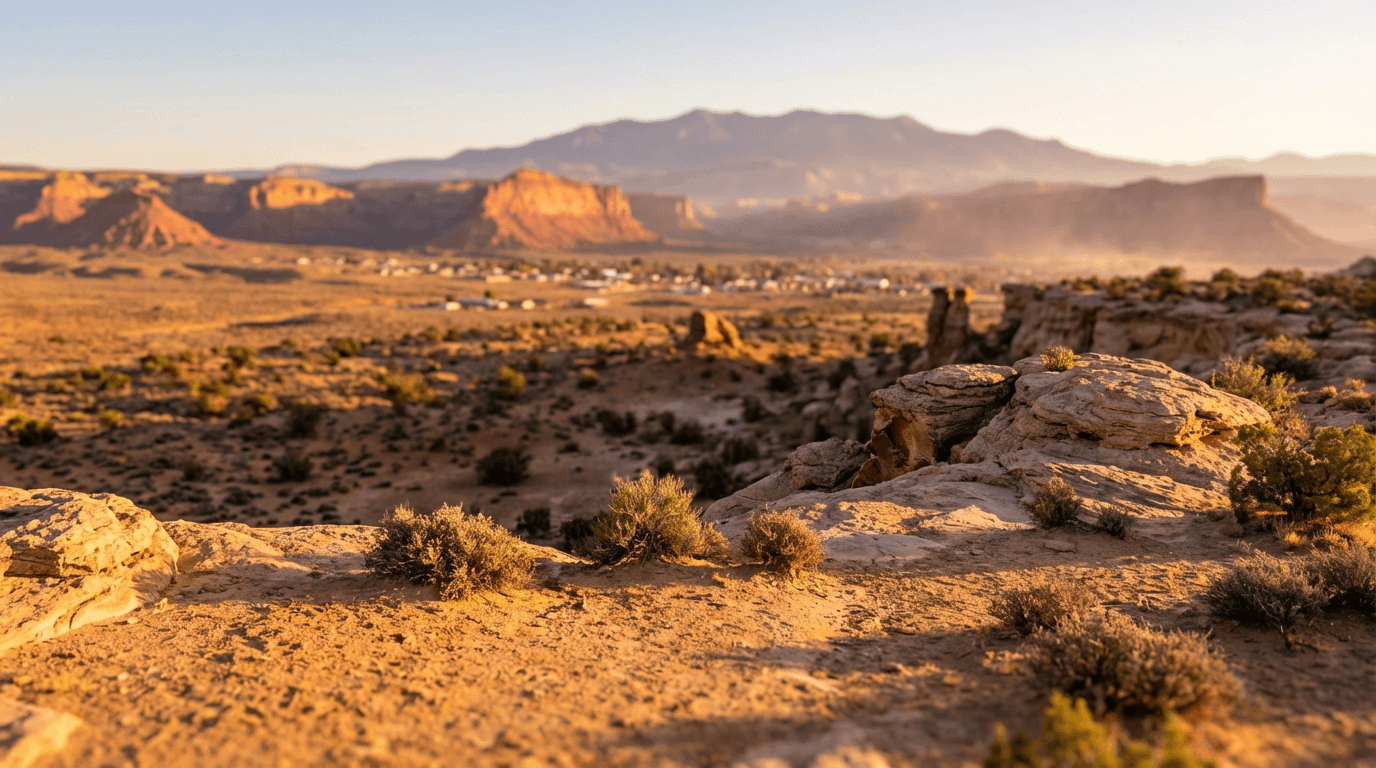 Red rock landscape at sunrise in Southern Utah with expansive desert views