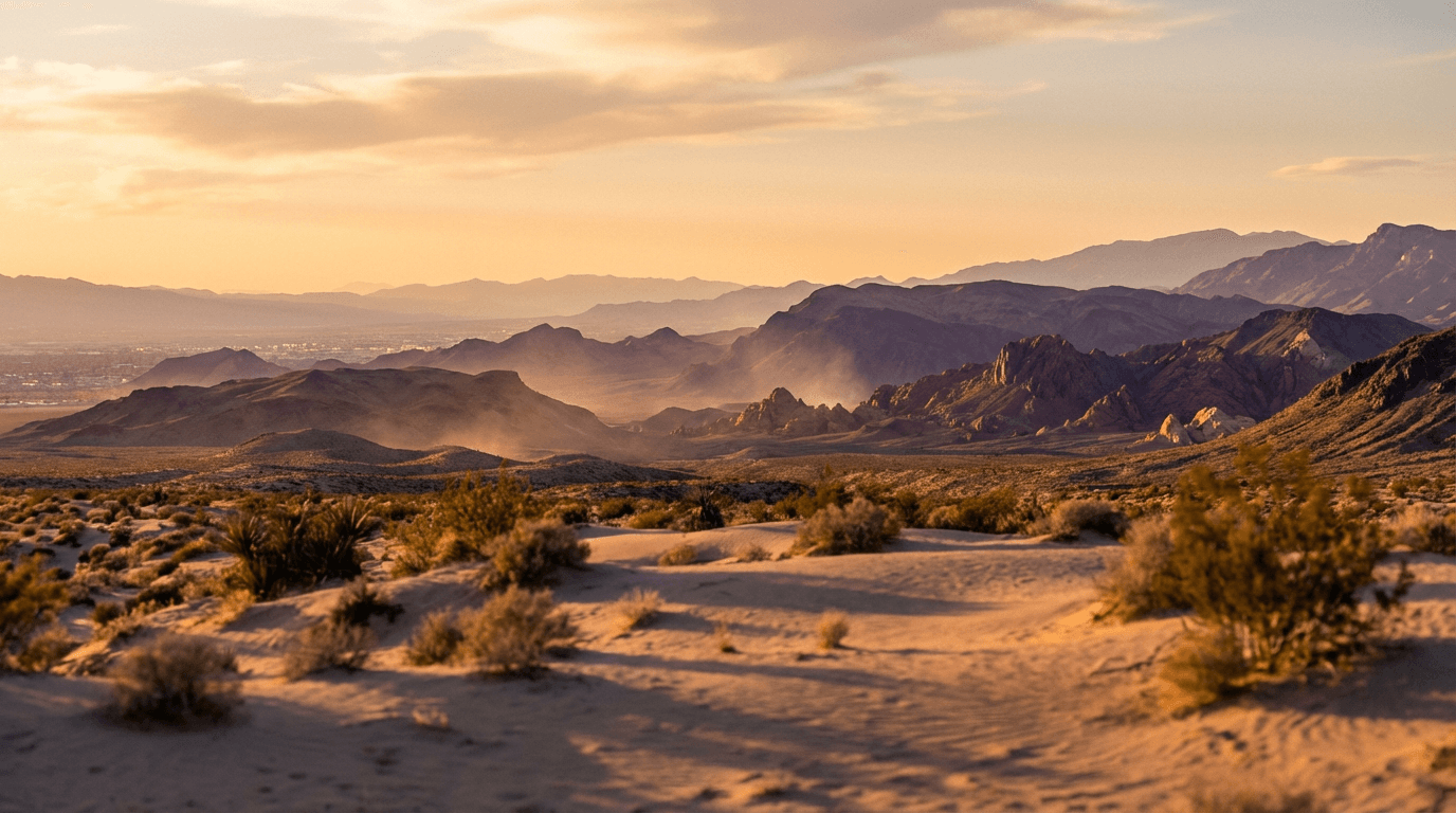 Dramatic red rock landscape in southern Utah under a warm sunset sky